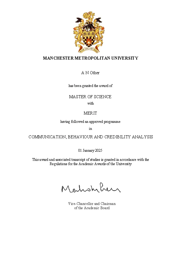 MSc degree certificate - Manchester Metropolitan University