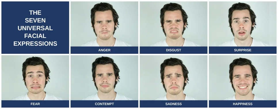 Collage of the seven universal facial expressions: anger, disgust, surprise, fear, contempt, sadness and happiness